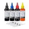 Aomya Kit de recarga de tinta de 3.4 fl oz para HP 67 61 65 60 62 63 910 920 901 902 932 933 934 940 952 94 95 96 Cartuchos de tinta recargables Sistema CIS CISS 4 colores con 4 jeringas inges