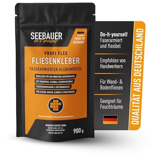 SEEBAUER diy Profi Flex-Fliesenkleber 900 g - Faserarmierter Flexkleber für Wand- & Bodenfliesen, Mosaik, Riemchen & Klinker - Auch für Heizestrich geeignet - Wiederverschließbar im Beutel