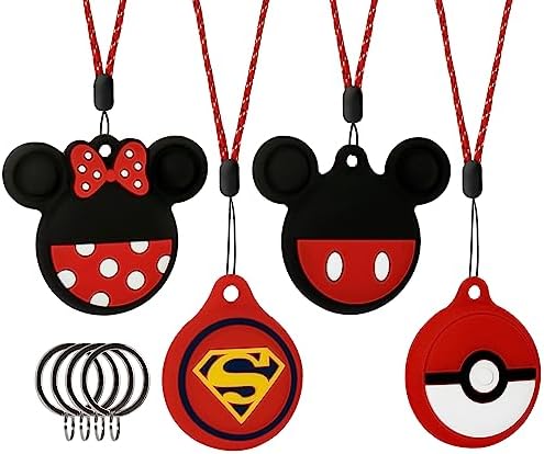 Airtag Holder for Kids(4 Pack), Airtag Necklace Keychain for Kids & Adult Cute Cartoon Airtag Hidden GPS Tracker Case Soft Silicone Cover with Key Ring for Child/Elderly/Backpack/Luggage