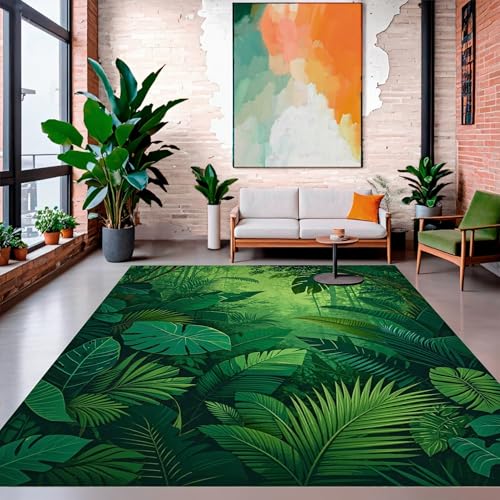 Flatwoven High Traffic Area Rug 6x9, Tropical Rainforest Canopy Featuring Layered Leaves and Flourishing Stems, Non Slip, Stain Resistant, Washable Area Rugs for Living Room, Bedroom (Green, 6x9)