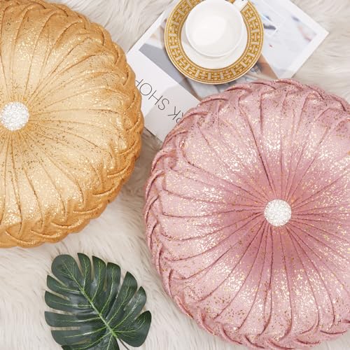 Image of EUCIOR Round Throw Pillows,Blush Pink and Gold Throw Pillow,Soft Spandex Fabric,Pumpkin Pleated Handmade Pink Round Velvet Decorative Pillow for Sofa Bedroom Livingroom