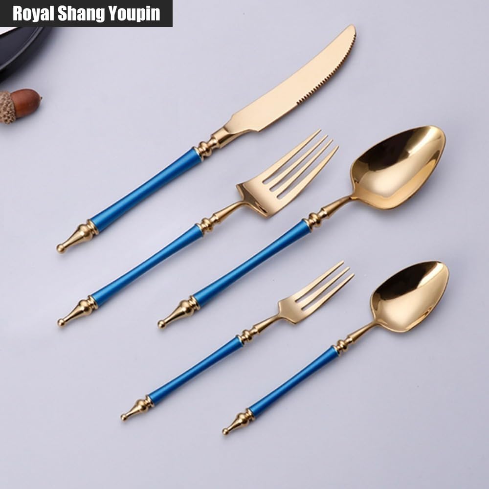 Light Luxury Legendary Roman Pillar Handle Kitchen Stainless Steel Silverware Tableware Flatware Cutlery Set Steak Knife Fork Spoon Teaspoon (Silver,6 Pieces) (Blue Gold 5 pieces)