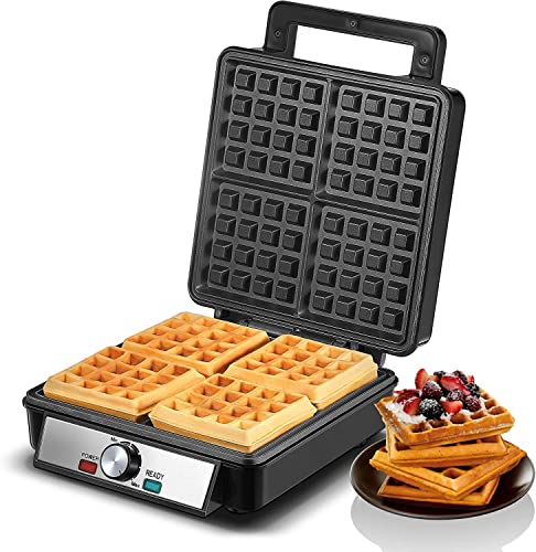 1200W Belgian Waffle Maker 4-Slice, Stainless Steel, 5 Browning Levels,