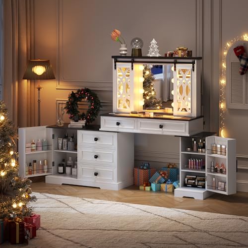 Image of FREDEES Large Vanity Desk with Mirror and Lights, Farmhouse Makeup Vanity with Jewelry Armoire Cabinet Storage, White Dresser Table Gifts for Wife /Girlfriends /Women /Lady /Girl