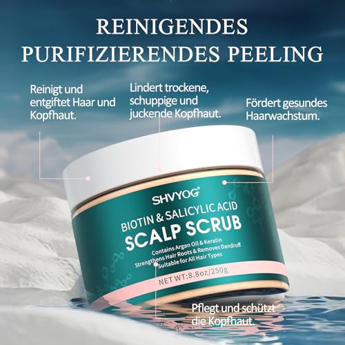 Kopfhautpeeling, Biotin und Salicylsäure, Kopfhautpeeling für Haarwachstum, zu Schuppen neigendes fettiges Haar und trockene, juckende Kopfhaut, verhindert Haarausfall, Anti-Schuppen, 250 g