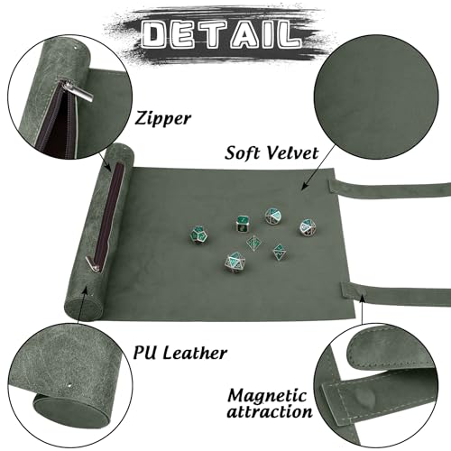 SIQUK 2 Stücke Würfelmatte im Schriftrollen Stil Würfelmatte Rollentablett Würfelschale zum Rollen Würfeltablett & Würfelsack mit Würfel Aufbewahrung Würfelteller für DND RPG (Grün, Kamel)