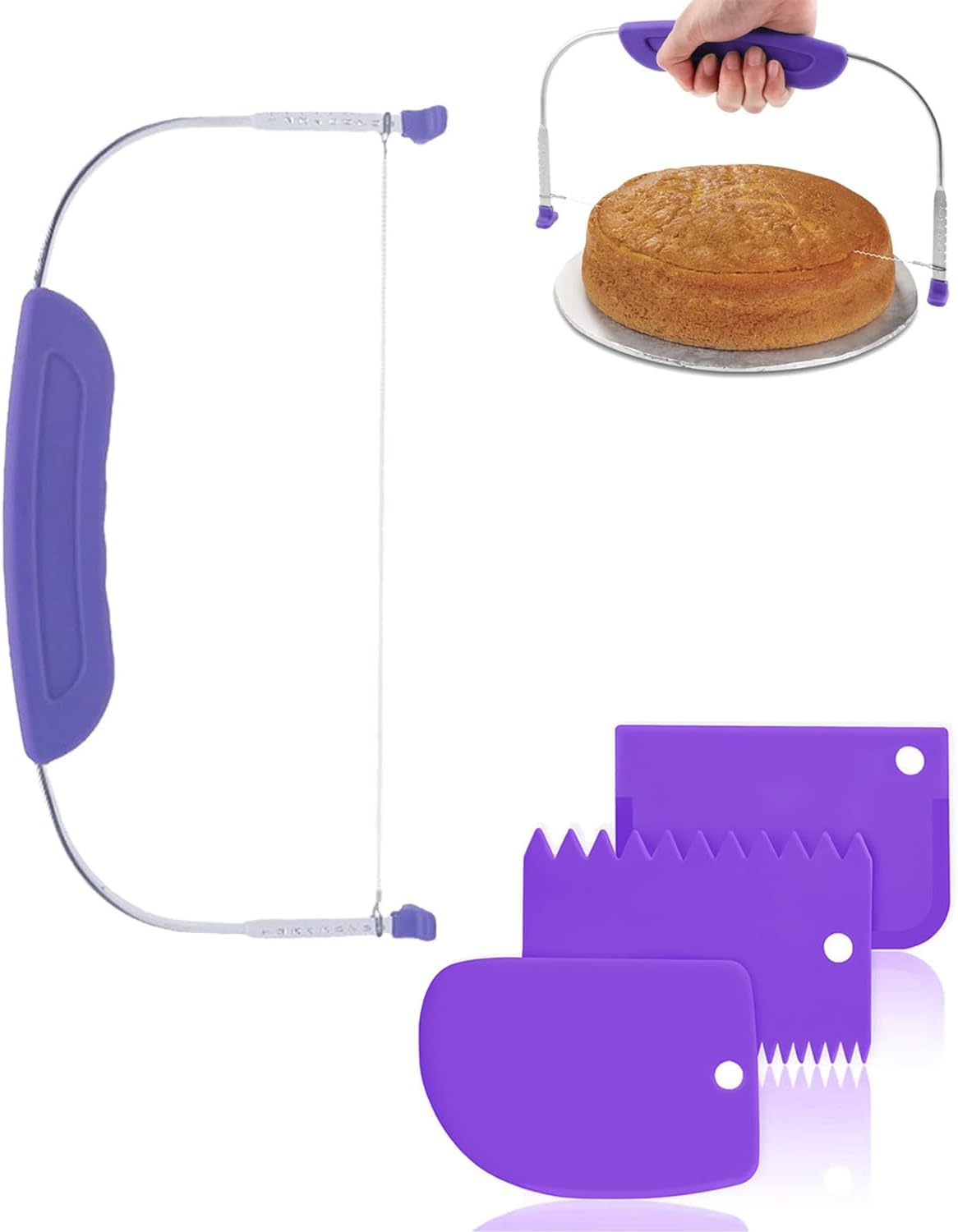 4PCS Cake Cutter Slicer Tool, Cake Slicer, Adjustable Small Cake Leveler Cutter Slicer with Stainless Steel Wires and Purple Handle for Professional Baking Tools