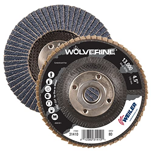 Image of Weiler 31410 Wolverine 4-1 /2 inch x 5 /8 inch-11 UNC NUT Abrasive Flap Disc, 80 Grit Zirconia Alumina, Flat Type 27, Phenolic Backing, Standard Density (Pack of 10)