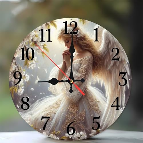 Jinmer Horloge Murale en Bois Ronde 25 cm Motif Fille Ange en prière, Cuisine, Salon, Horloge Décorative Silencieuse, sans Tic-Tac, Fonctionne à Piles, Décoration...