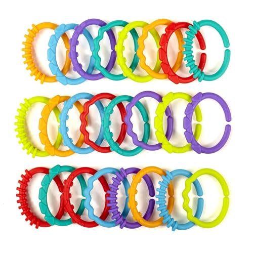 ZEACCT 24 Pieces Baby Teething Ring Link Toys, Stroller Toy Rings, Baby Toy Hooks, Toddler Toys, Baby Link Rattles, Stroller Chain Rings, Suitable for Baby Teething, Educational Training Toys, Etc.