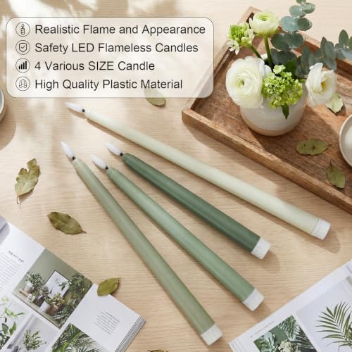 Image of Rossesay 24 Pcs Flameless LED Taper Candles Battery Operated Candle 8.5 inch, 9.65 inch, 10.8 inch, 12.8 inch Flameless Candlesticks Flickering for Christmas Church Wedding Indoor Decoration(Classic, Green Series)