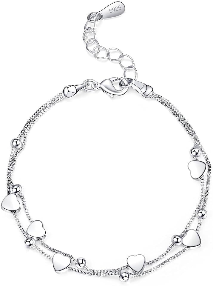 Silver Heart Bracelet Sterling Silver Bracelet for Women Layered Charm Bracelets for Women Ladies Silver Bracelets Friendship Bracelets Women's Jewellery
