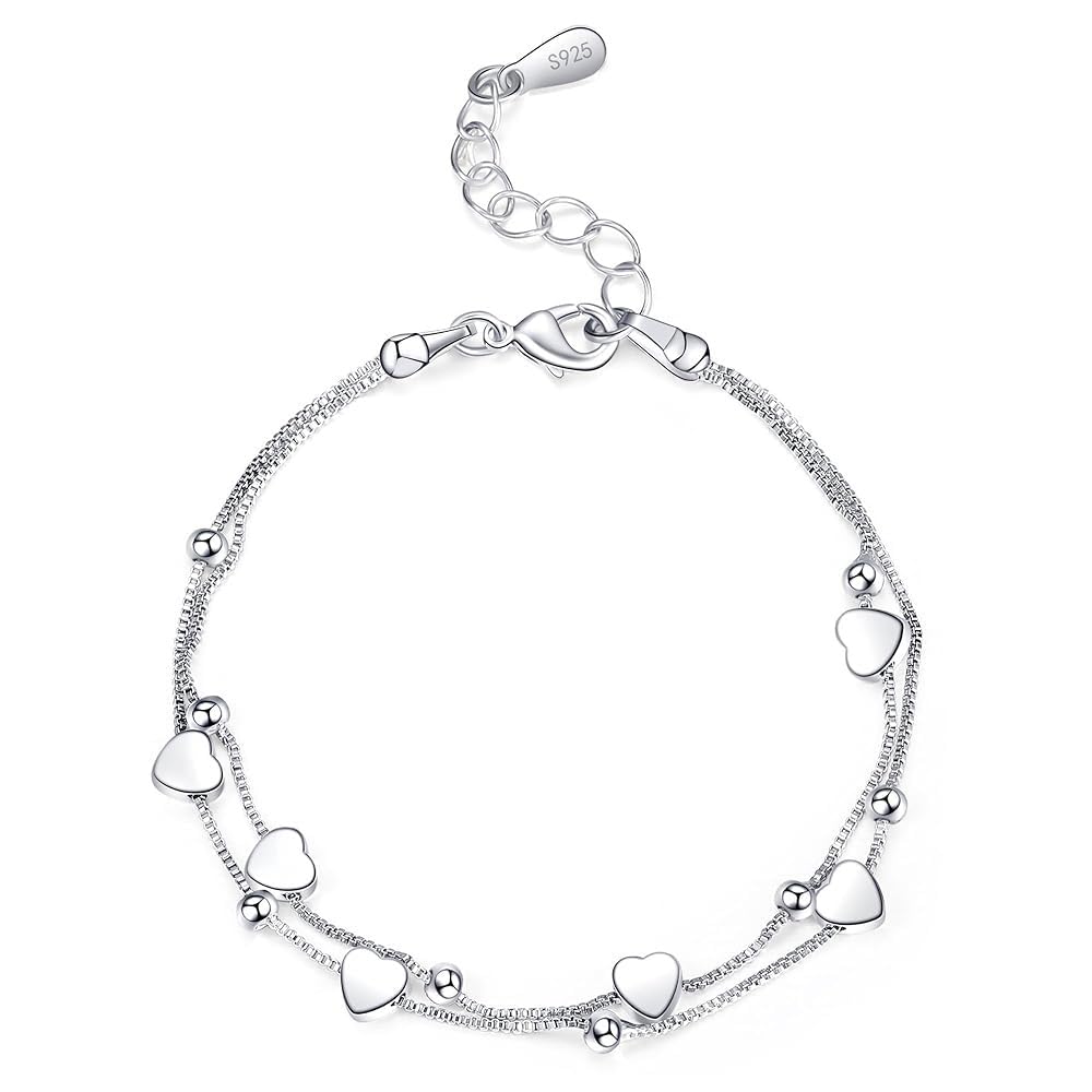 Silver Heart Bracelet Sterling Silver Bracelet for Women Layered Charm Bracelets for Women Ladies Silver Bracelets Friendship Bracelets Women's Jewellery