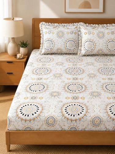 Image of 380 TC Premium Glace Cotton Elastic Fitted Bedsheet King Size with 2 Pillow Covers King Size | Double Bed with All Around Elastic (White Gola, Fitted - Double72x72)