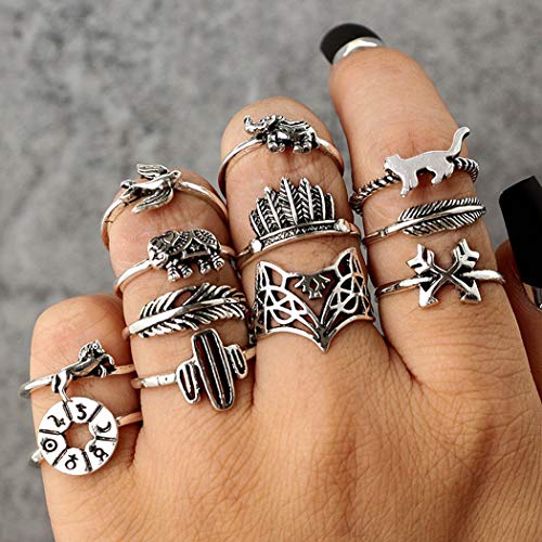 Haloty Boho Rings Set Feather Animal Stacking Finger Rings Elephant Knuckle Rings Mid Joint Rings Hand Jewelry for Women and Girls (11 PCS)