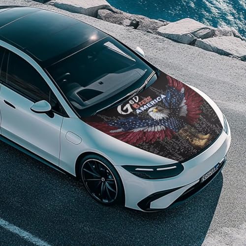 Image of Car Hood Cover Elastic Polyester Car Hood Protector Auto Flag Veterans Day Decorations Auto Exterior Accessories for Compact Sedans SUV Pickup Trucks (American Flag Eagle Design)