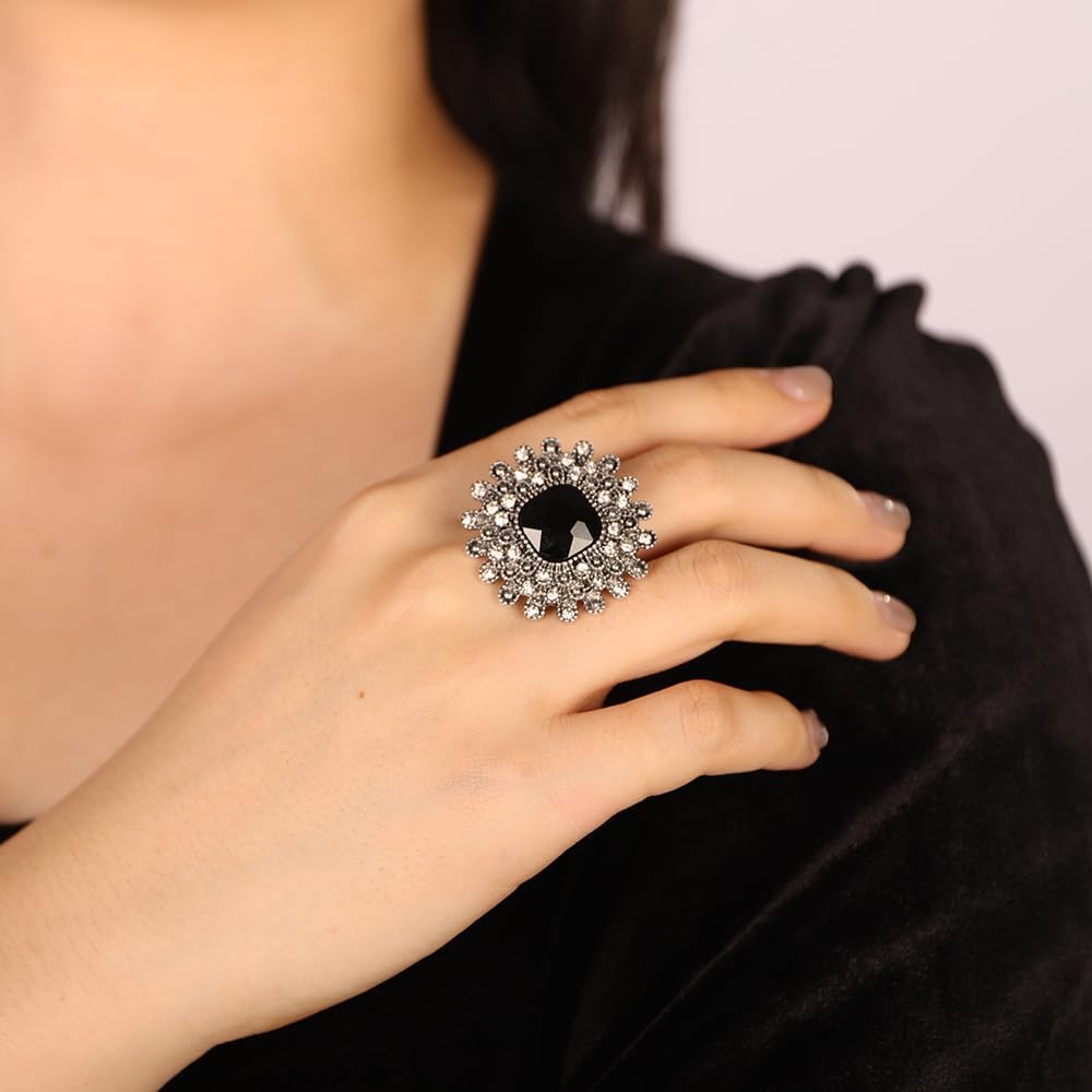 Jumwrit Boho Silver Crystal Women Statement Ring Antique Big Round Open Band Ring Vintage Rhinestone Flower Ring Exaggerated Prom Party Cocktail Accessories for Women - Image 2