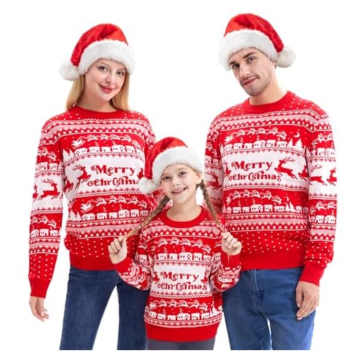 Giggling Getup Suéter de Navidad familiar a juego, lindo suéter de punto navideño de manga larga, suéter de Navidad feo negro, Hombres rojo, M