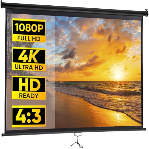 Image of 72 inch HD 4:3 Manual Projector Screen 1.1 Format with Auto Lock Anti-Crease Home Theater Office Wall Mounted Ceiling Pull Down Projection 1.1 Gain Matte Black, View Size: 57 x 43 inches