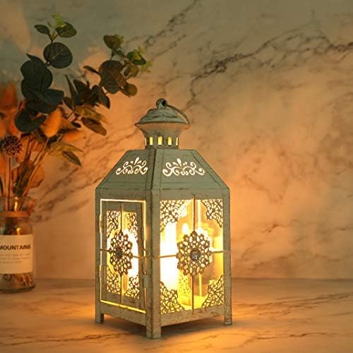 JHY DESIGN Decorative Lantern 9.5" High Metal Candle Lantern Vintage Style Hanging Lantern for Wedding Parties Indoor Outdoor(White with Gold Brush).