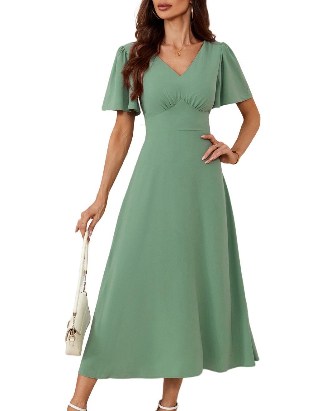 GRACE KARIN Damen Sommer V-Ausschnitt Cape Ärmel Freizeitkleid Kurzarm A-Linie Cocktailkleid Elegant für Hochzeit Party