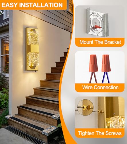 Image of 15.3 inch Dusk to Dawn Outdoor Wall Lights, 12W LED Gold, 2-Pack | IP65 Waterproof, Exterior Crystal Modern Wall Sconce, Ideal for Porch, Hallway, Doorway, Patio