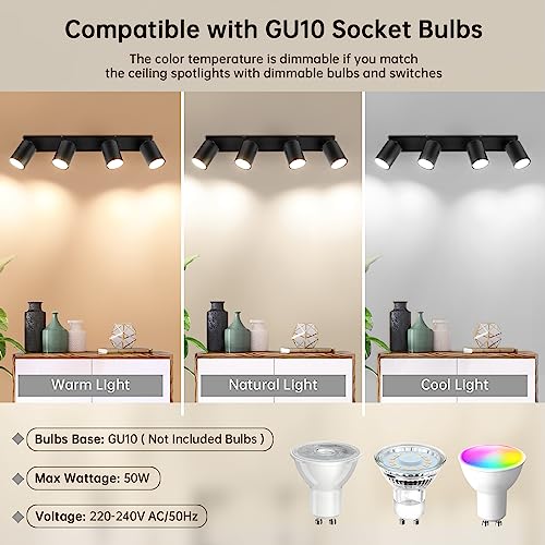 DehoboLampa sufitowa z 4 reflektorami LED GU10, Reflektory ścienne wewnętrzne GU10 czarny, żyrandol LED Nowoczesny sufit do sypialni kuchnia Salon, Żarówka GU10 nie wliczone