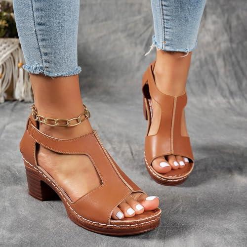 Summer Sandals For Women 2025,Orthopedic Chunky Block Mid Heels Open Toe Sandals Slip On Womens Ankle Strap Platform Dress Dressy Floral Straps Hollow Out Flowers Comfortable Sandal Walking Shoes4