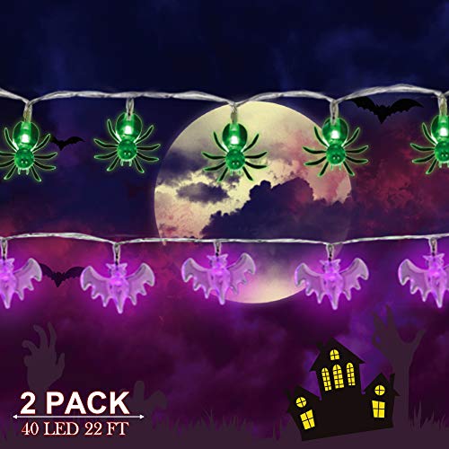 Twinkle Star Halloween Lights, 40 LED 22 FT Purple Bat and Green Spider String Light Battery Operated Indoor Holiday Party Home Decoration