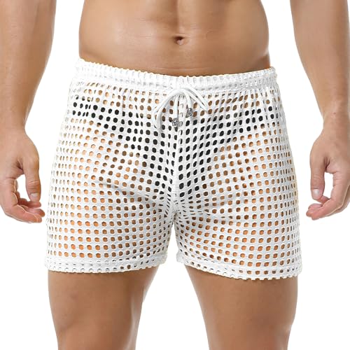 Mens Hollow Boxers Briefs Shorts Trunks See Through Underwear with Drawstring Breathable Workout Bulge Pouch2