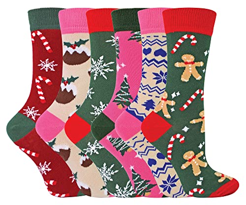 Ladies Christmas Socks | Sock Snob | Womens Colourful Novelty Design Xmas Socks | Gift for Her (4-8, 6 Pack)