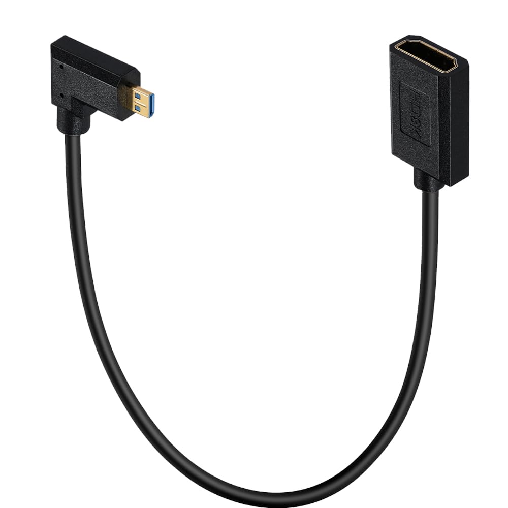 Right Angle Micro HDMI to HDMI Extension 2.1 Cable 1ft, 8K@60Hz/4K@120Hz/2K@240Hz, Support 3D, HDCP2.3, Dolby & eARC, Dynamic HDR, VRR, ALLM, 48Gbps