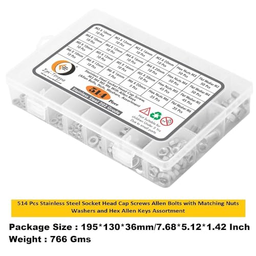Image of Epi-Torque M3 M4 M5 M6 Stainless Alloy Steel 202 Grade Socket Head Cap Screws Nuts Allen Bolt Washer with Allen Keys Assortment Kit Set with Storage Box Pack of 514 Pcs