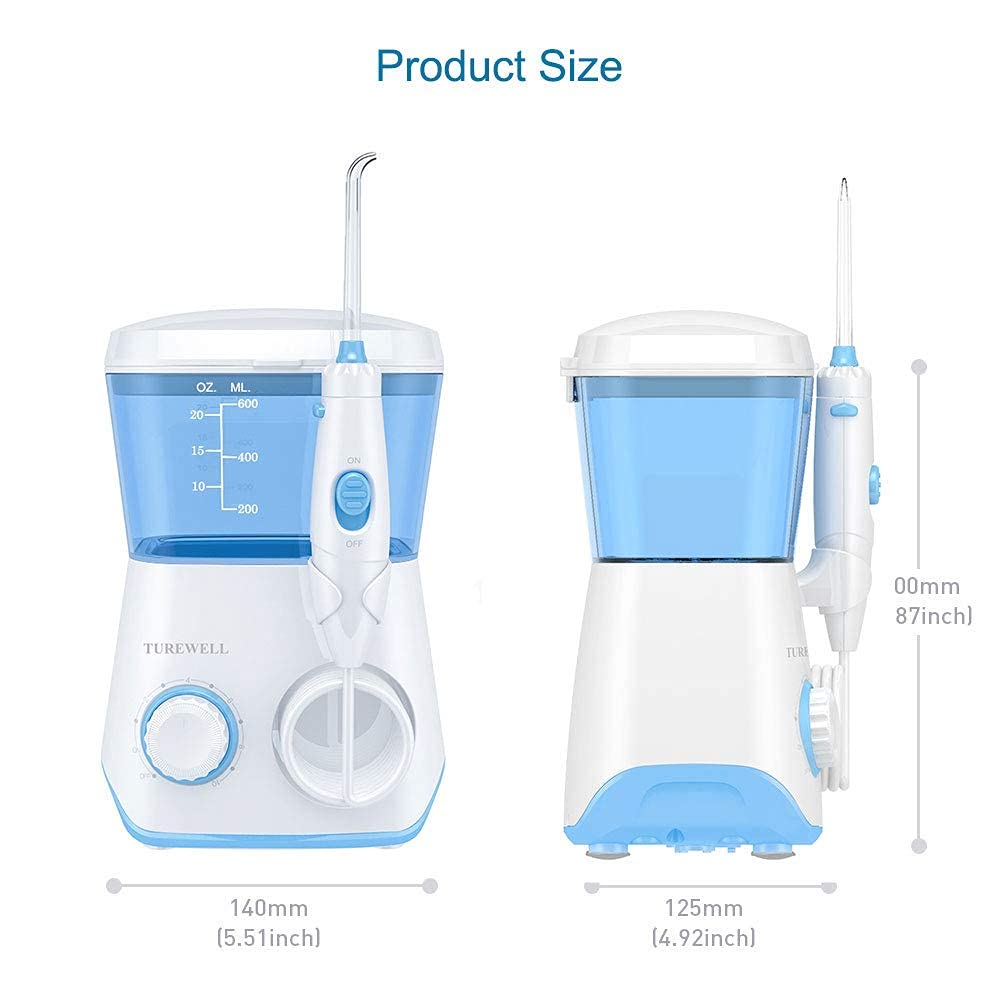 Irrigadores Dental-TUREWELL Irrigador Bucales con 8 Boquillas 10 Ajustes de Presión Del Agua, 600 ML Gran Capacidad de Depósito,IPX7 Impermeable Limpieza Dental