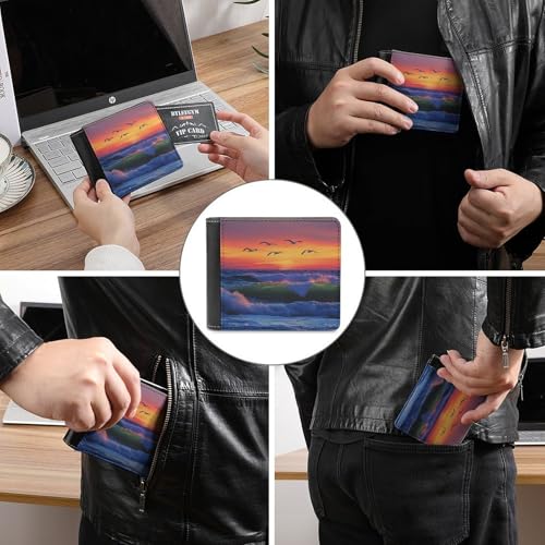 Ocean Wave Birds Sunset Cute Slim Bifold Wallet for Men Stylish Front Pocket Purse with Card Holder Slots3