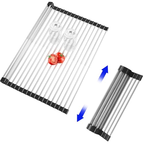 CLNGAI Escurridor de platos enrollable, extensible sobre el fregadero, escurridor de platos de acero inoxidable, estante rodante para fregadero de cocina, ahorra espacio, longitud de hasta 22.3