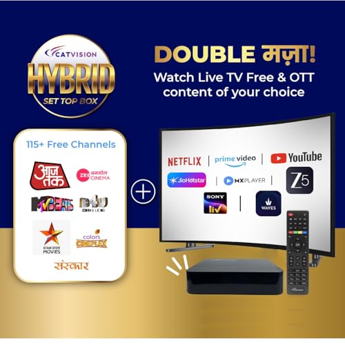 Image of Catvision Hybrid Set Top Box | OTT + Free Dish (DVB-S2) Support | 115+ DD Channels | Android Based | BIS Approved