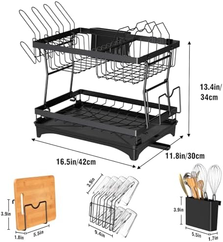 PKBD 2 Tier Large Dish Drying Rack with Drip Tray, Detachable Dish Drainer Rack with Swivel Drainage Spout, Cutting-Board Holder, Cup Holder, Organize Shelf with Utensil Holder Set, Black