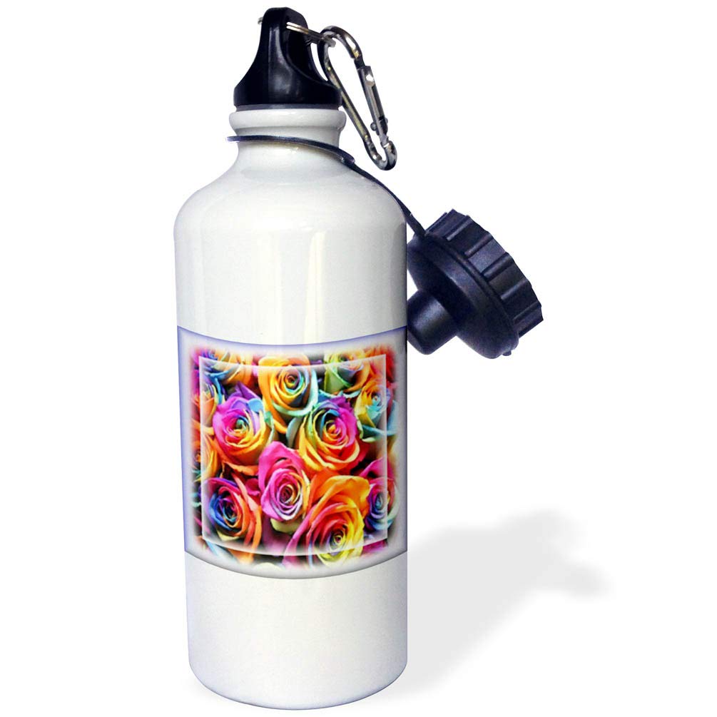 3dRose "Rainbow Colored Roses" Sports Water Bottle, 21 oz, White