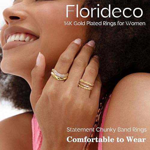 Florideco Gold Stackable Rings for Women Non Tarnish Dainty 14K Gold Plated Stacking Cubic Zirconia Thumb Ring Set Trendy Statement Chunky Band Rings Promise Engagement Rings Size 6-102