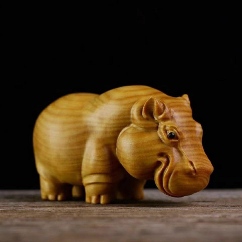 HomDSim Hippo Figurine Sandalwood Wooden Hippopotamus Statue Art Miniature Carved Small Animal Sculpture Cricetulu Ornaments