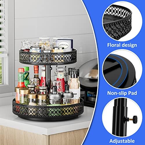 Lazy Susan Organizer 2 Tier - Turntable Spice Rack 12 inch Adjustable Metal Rotating Lazy Susan for Cabinet Pantry Kitchen Countertop Dining Table Cupboard Bathroom Vanity Storage Black - 3