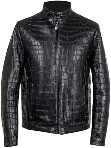 IBROH Men's Crocodile Print Embossed Genuine Leather Motorcycle Luxury Black