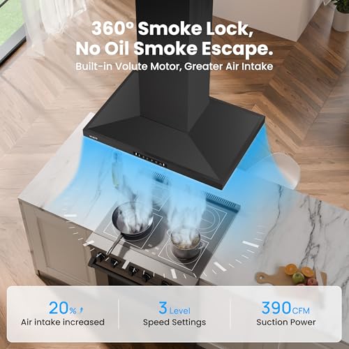 Image of VIKIO HOME Island Range Hood 30 Inch, 390 CFM kitchen Hood with Touch /Gesture Control, Ceiling Mount Kitchen Vent Hood, Convertible Ducted /Ductless, 3-Speed Fan&4 LED Lights, 2 Baffle Filters, Black