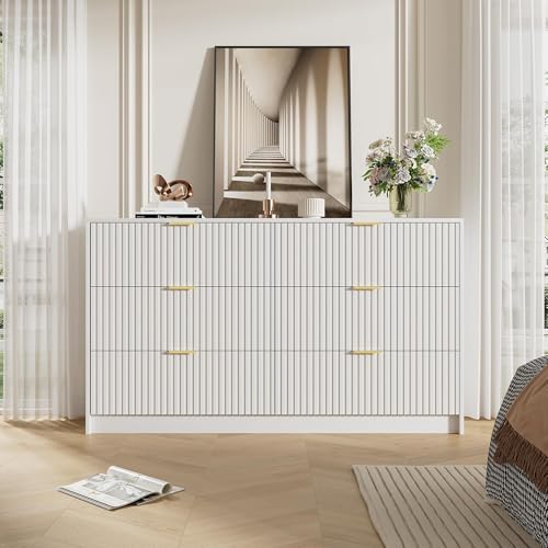 Image of Furniway White Dresser for Bedroom, Modern Dresser with 6 Drawers and Smooth Slides, Wide Chest of Drawers with Golden Handles for Bedroom, Living Room, Closet, 15.7 inch D x 55.1 inch W x 31.4 inch H