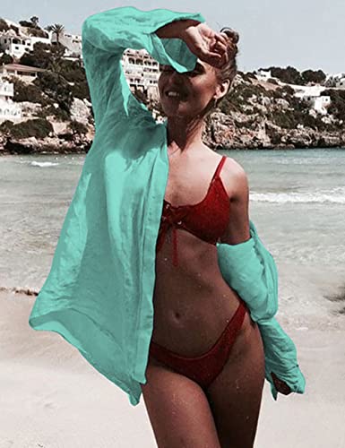 Image of Bsubseach Women Long Sleeve Beach Shirt Blouses Bathing Suit Cover Up Button Down Collar