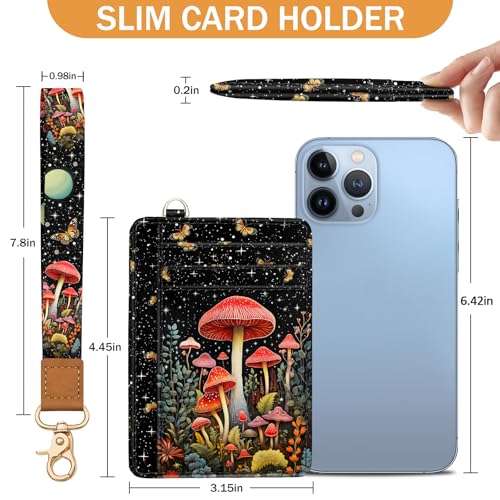 Image of Yonlevres Mushroom Credit Card Holder Slim RFID Wallet Women Wristlet Small | Front Pocket, Handy, RFID Blocking, Woman Girls Ladies Gifts, D-ring for Keychain,Thin Mini Card Case, ID Window, PU Leather