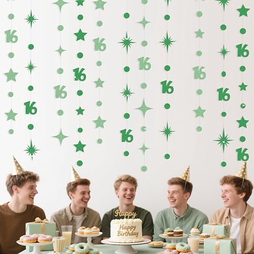 Image of Green 16th Birthday Decorations Number 16 Circle Dot Star Garland Glitter Streamer Banner Backdrop for Girls Boys Sweet Sixteen Cheers to 16 Years Old Birthday 16th Anniversary Party Supplies