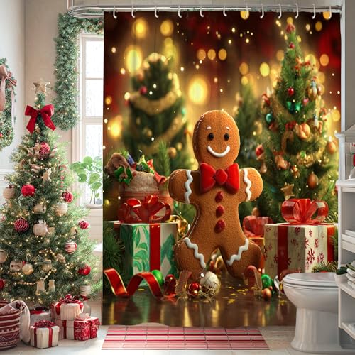 Tenda da doccia a forma di omino di pan di zenzero, scatole regalo con albero di Natale, lavabile, con ganci, tenda da doccia per casa, bagno, decorazione per hotel, 137 x 198 cm