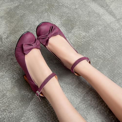 SHODENSE Women Kitten Heel Bow Pumps with Ankle Strap Round Closed Toe Dress Sandals High Chunky Block Heel Nubuck Suede Mary Jane Lolita Shoes Bowknot Dressy Office Work Wedding Party Dance 4-15 M US4